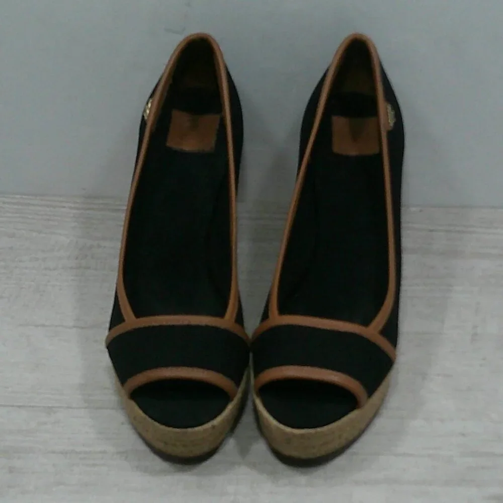 Tory Burch Old Money Black & Tan Majorca Peep Toe Wedge Espadrille Size 38 1/2